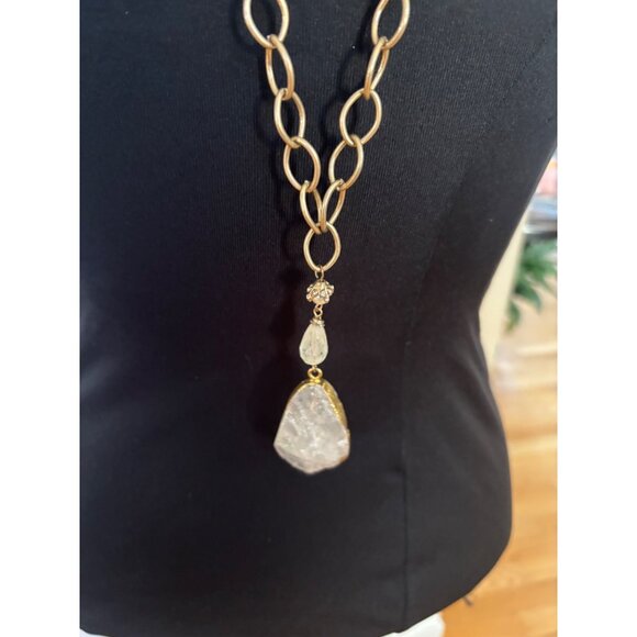 Gold-Tone Chain Necklace With Raw Quartz Pendant & Pearl Accent - Picture 12 of 14